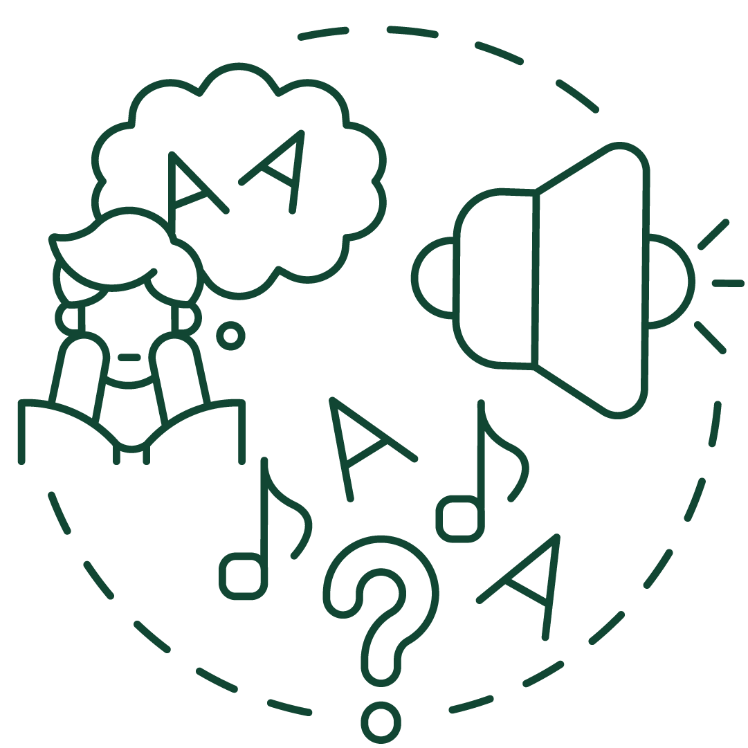 Green line art icon depicting a person struggling with reading and processing auditory input, featuring letters, musical notes, and a question mark.