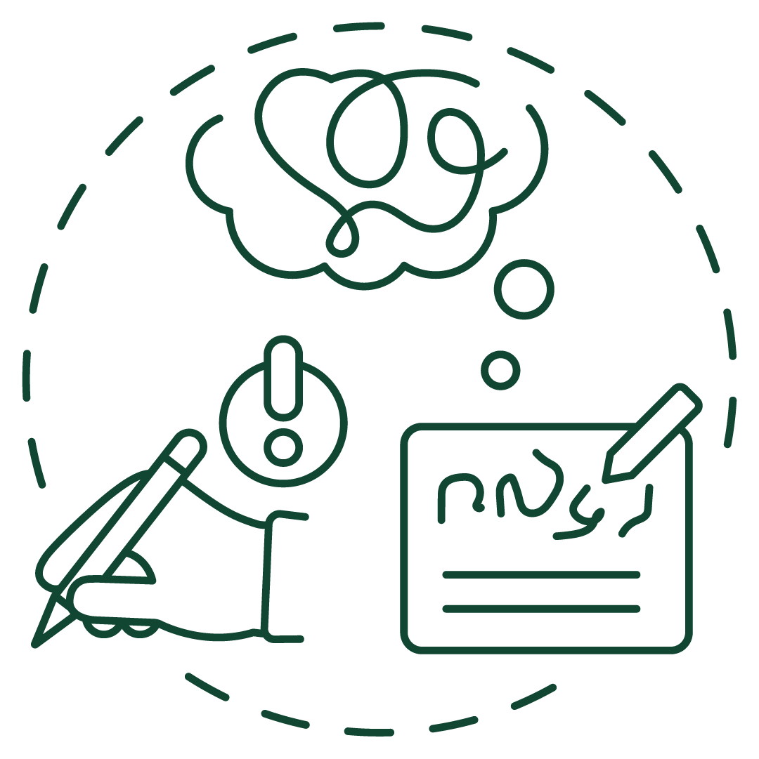 Green line art icon depicting writing difficulties; messy writing on paper, an idea cloud above and an exclamation point near a hand holding a pencil.