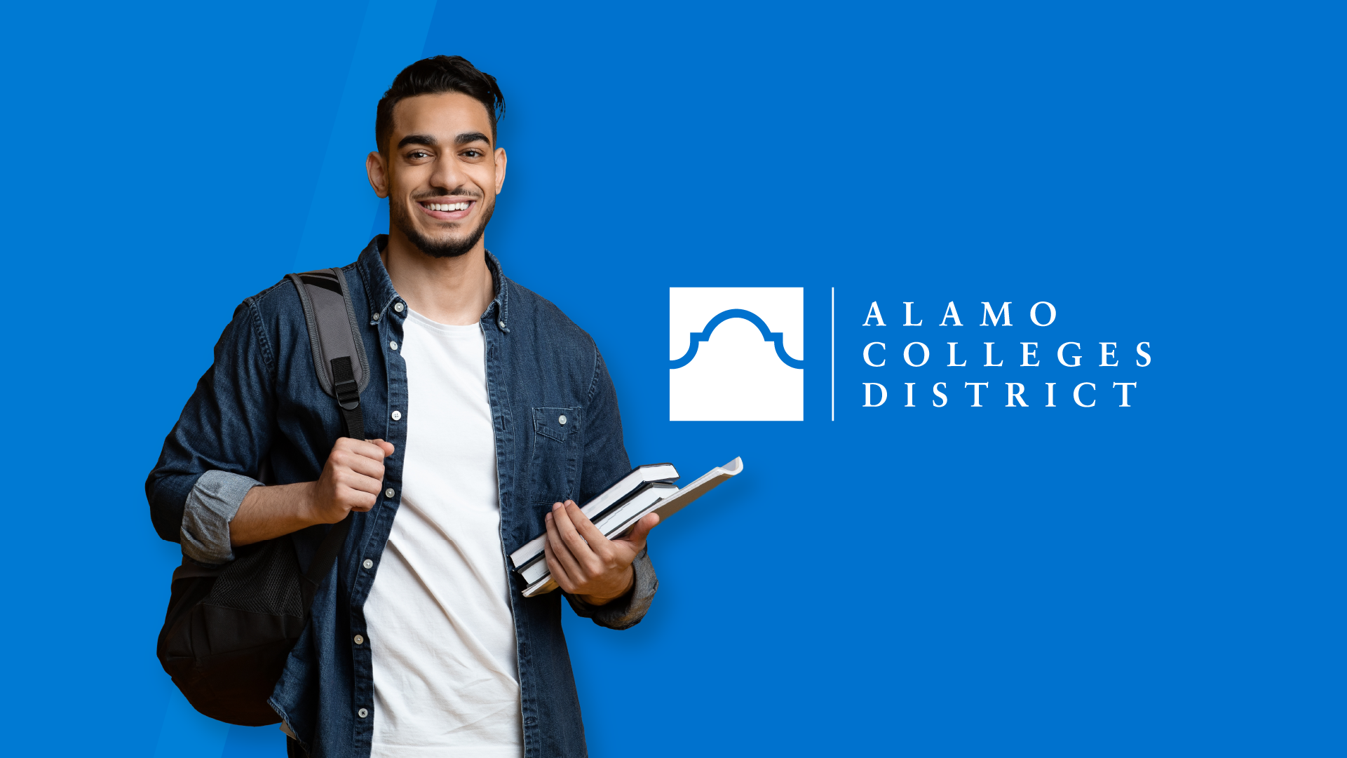 A smiling young man with a backpack holding books next to the Alamo Colleges District logo on a blue background.
