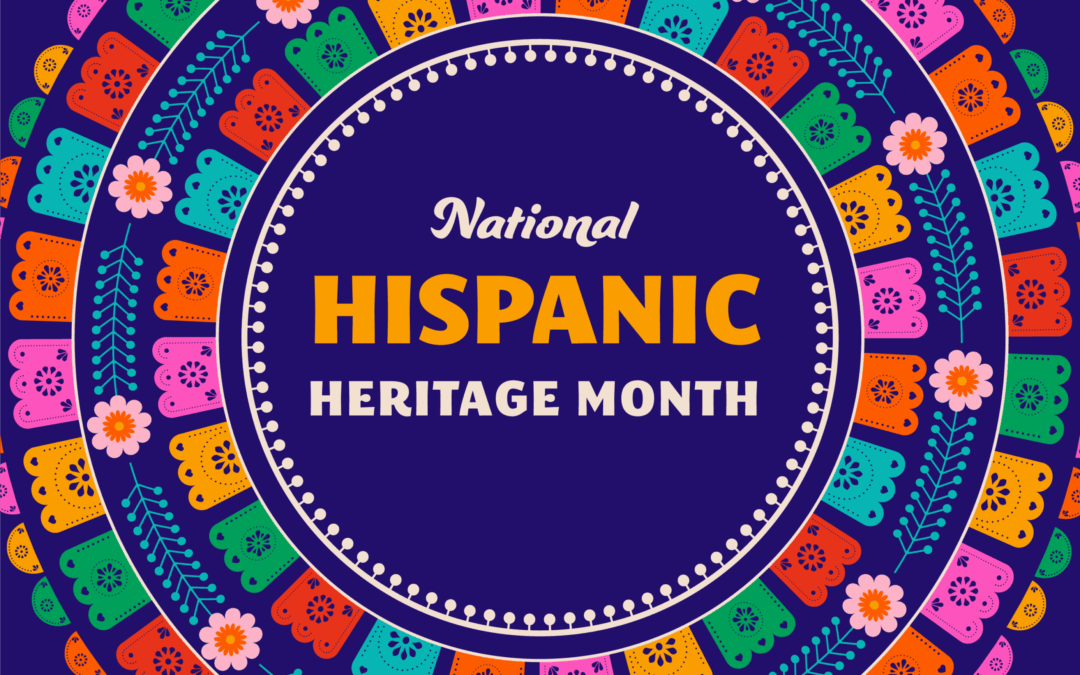 Colorful festive border surrounds text reading "National Hispanic Heritage Month" on a purple background.