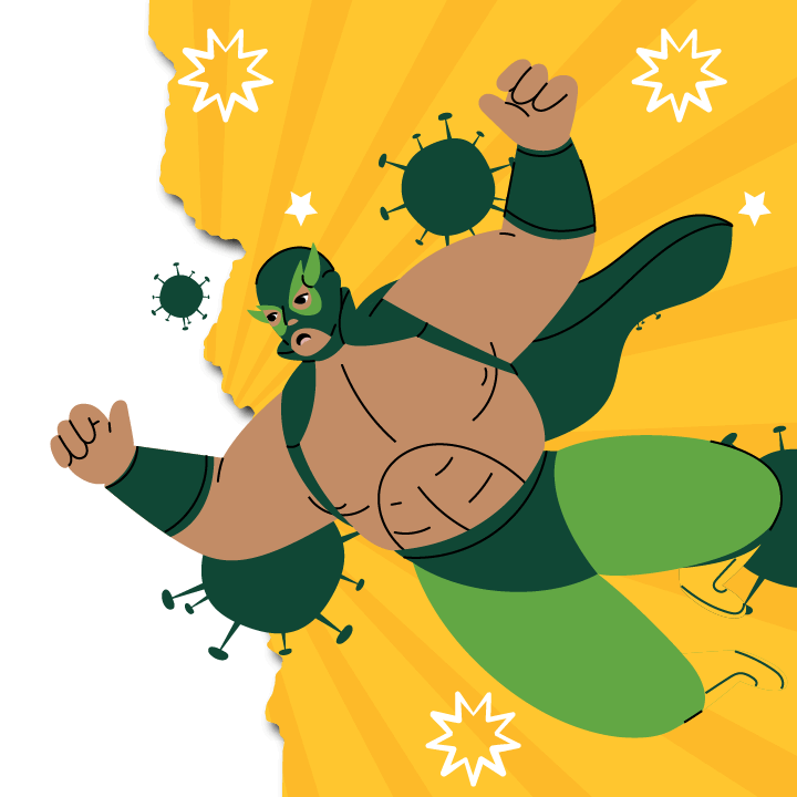 A cartoon luchador superhero battles green viruses and germs against a yellow and black background with white starbursts.