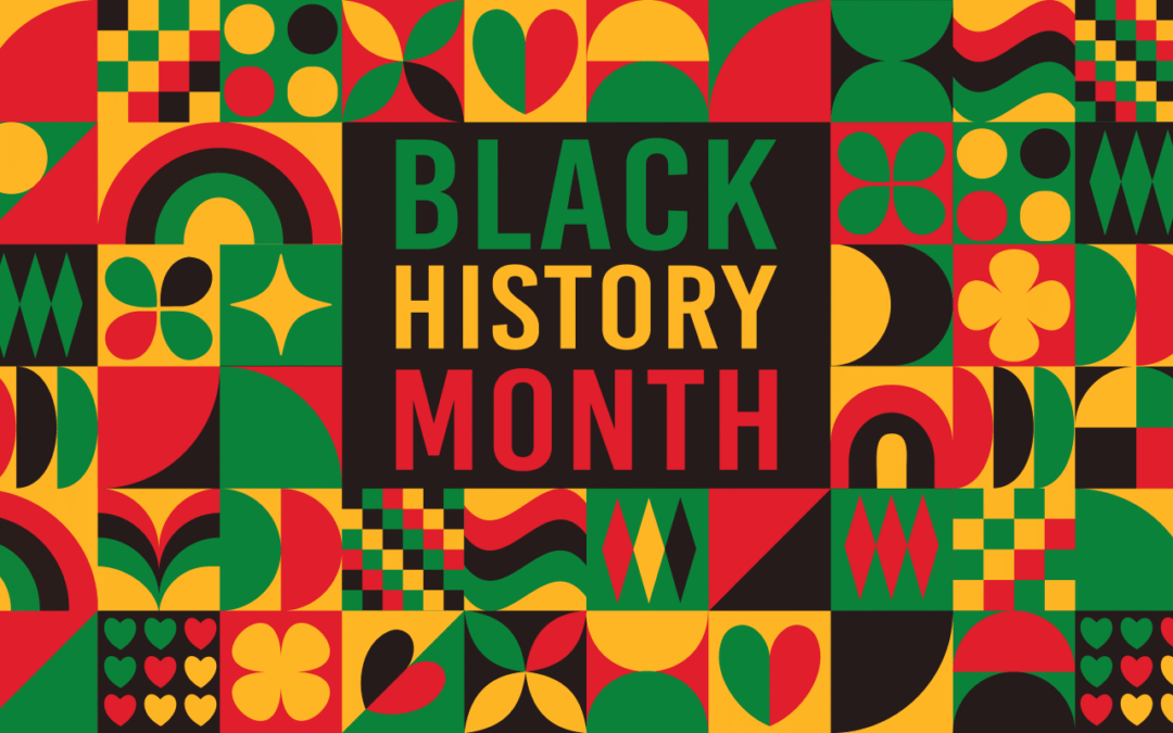 Graphic design featuring the text "BLACK HISTORY MONTH" in a central black square surrounded by a colorful geometric pattern using Pan-African colors: red, black, green, and yellow.