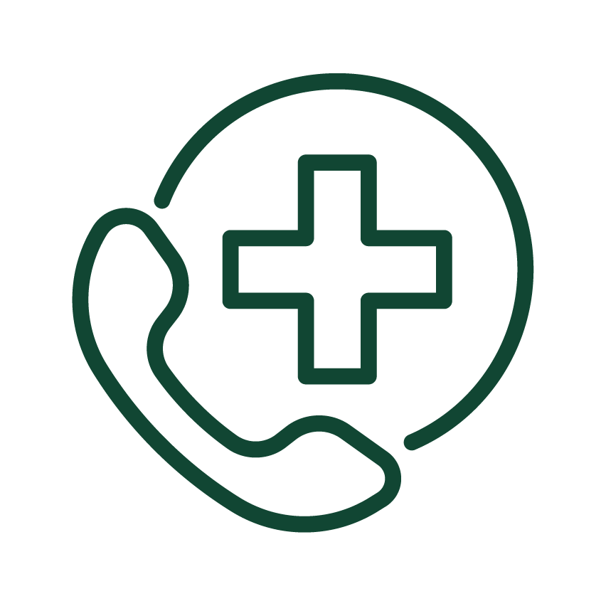 Green outline icon combining a telephone receiver and a medical cross within a circular boundary, representing emergency medical contact.