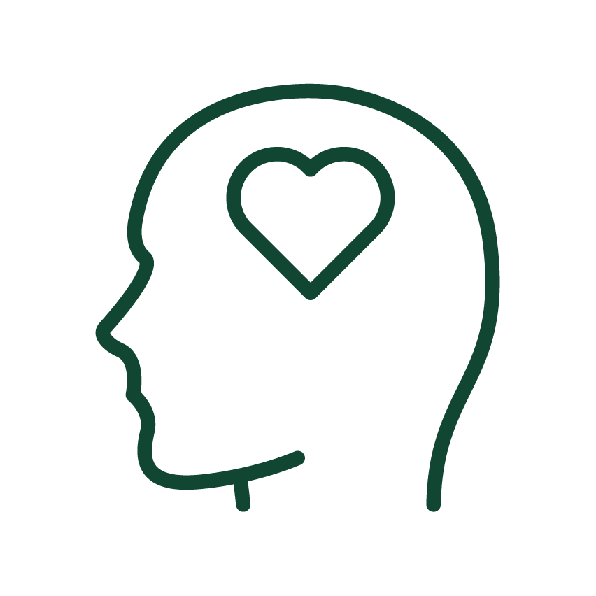 Dark green outline icon of a human head profile with a heart shape inside the brain area.